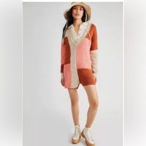 Free People Flyin By Mix Stitch Sweater Patchwork V-Neck Tunic Romper - Large